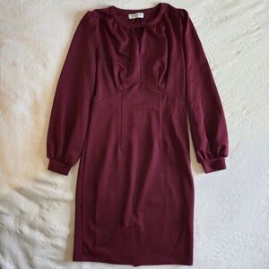 Kate Kasin Red Long-Sleeve Burgundy Evening Midi Dress with Keyhole Size S